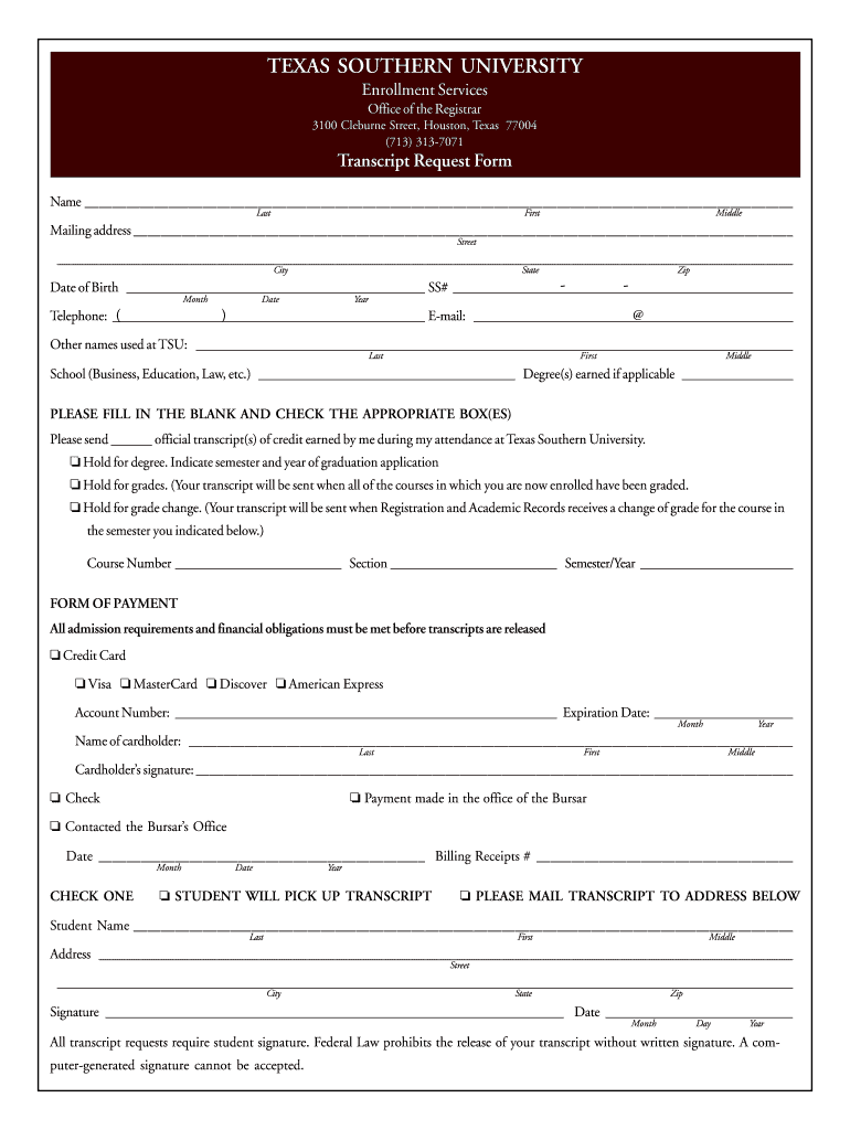 Texas Southern University Transcripts  Form