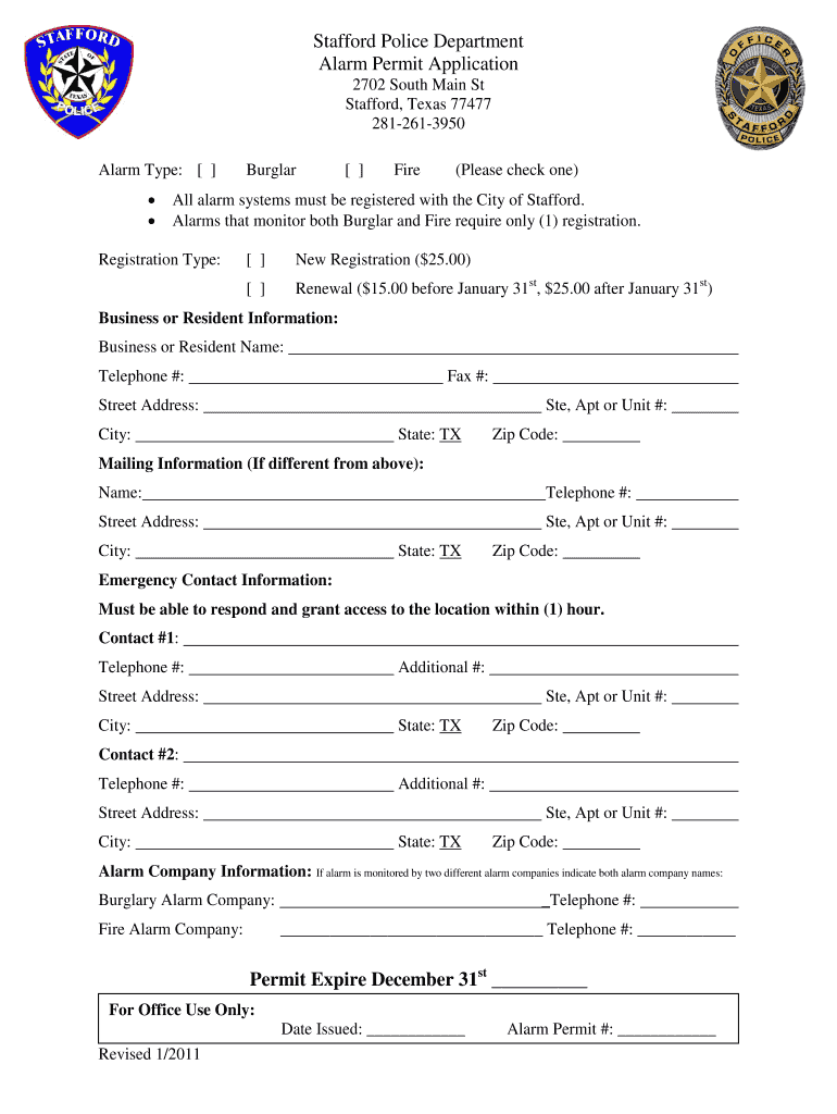  Stafford Police Department Alarm Permit Form 2011