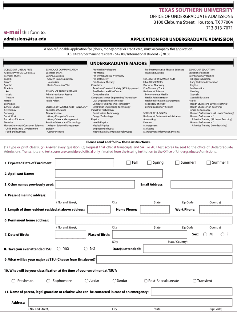 Texas Southern University Plication Form