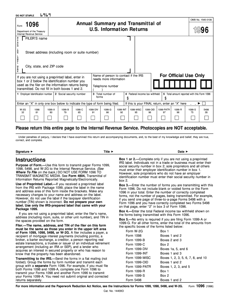 Annual Summary and Transmittal of U S Information Returns Irs