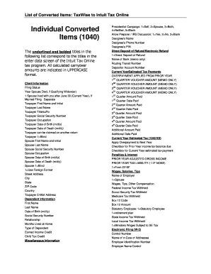 List of Converted Items TaxWise to Intuit Tax Online  Form