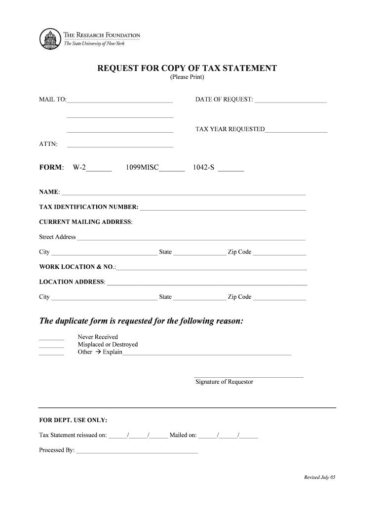 Request for Copy of Tax Statement PDF  Research  Research Binghamton  Form