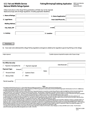 Fish and Wildlife Service National Wildlife Refuge System FishingShrimpingCrabbing Application OMB Control Number 1018 0140 Expi  Form