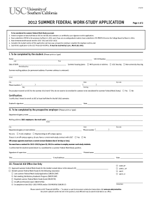 SUMMER FEDERAL WORK STUDY APPLICATION Usc  Form