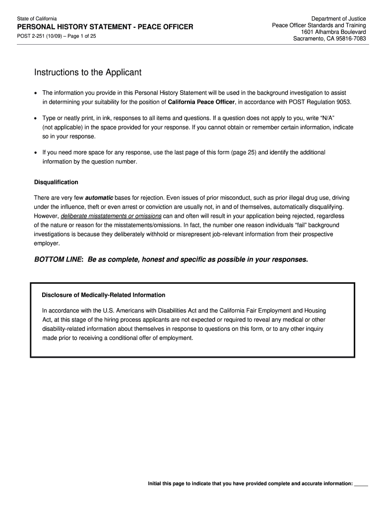  Post Personal History Statement Form 2009