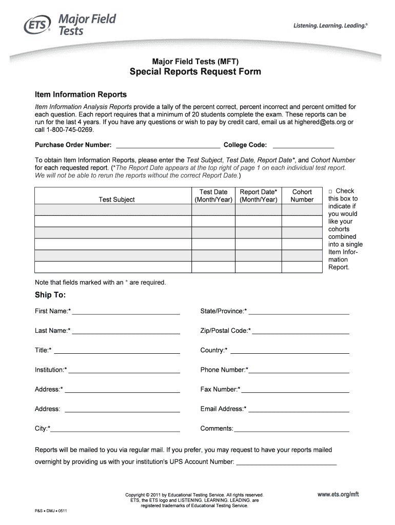 MFT Special Reports Request Form Item Information Reports ETS Ets