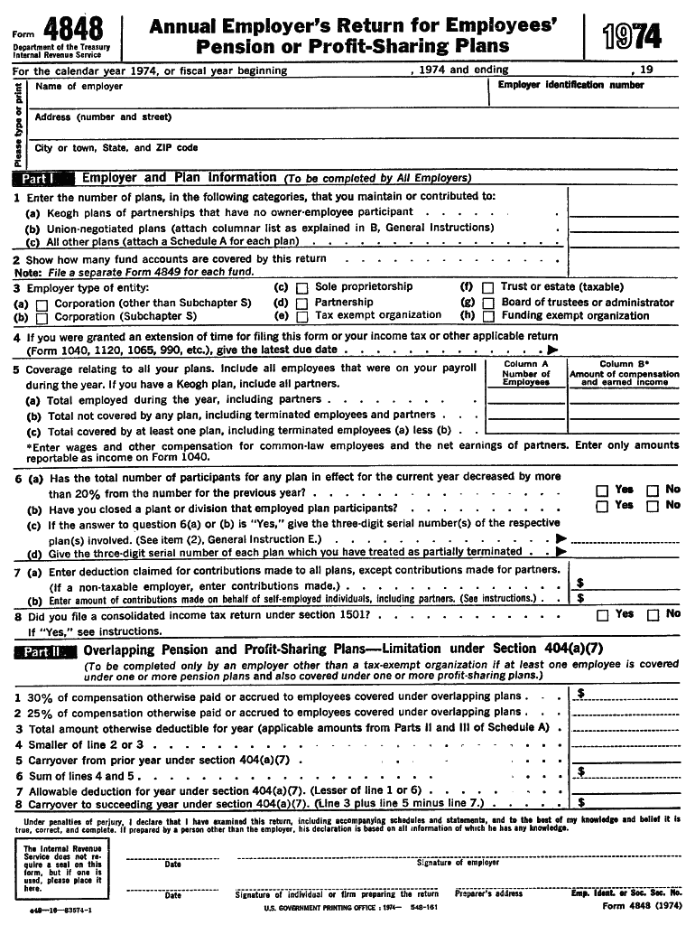  FORM 4848 1974 ANNUAL EMPLOYERS RETURN for EMPLOYEES' PENSION or PROFIT SHARING PLANS 1974-2024