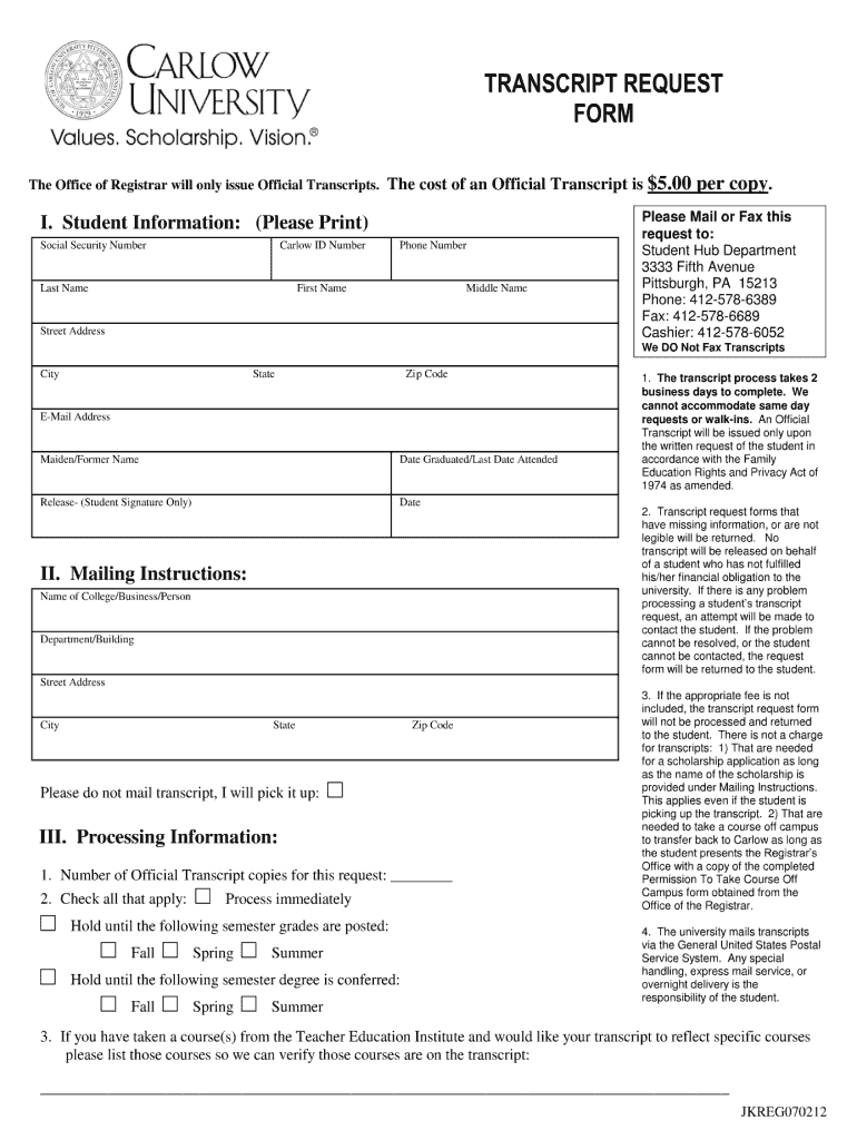 Carlow University Transcript Request  Form