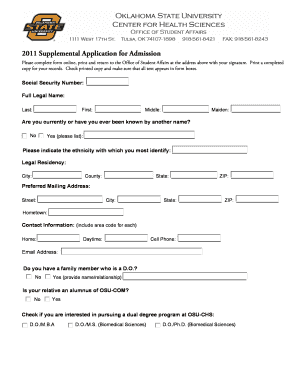 Supplemental Application for Admission Healthsciences Okstate  Form