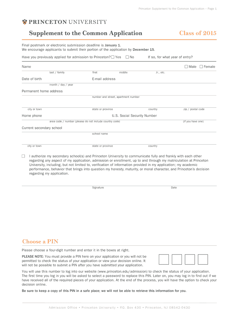 Supplement to the Common Application Class    Princeton University  Princeton  Form