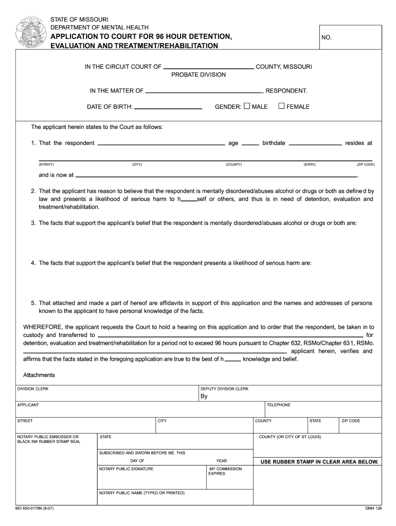  96 Hour Hold Affidavit Missouri 2007-2024