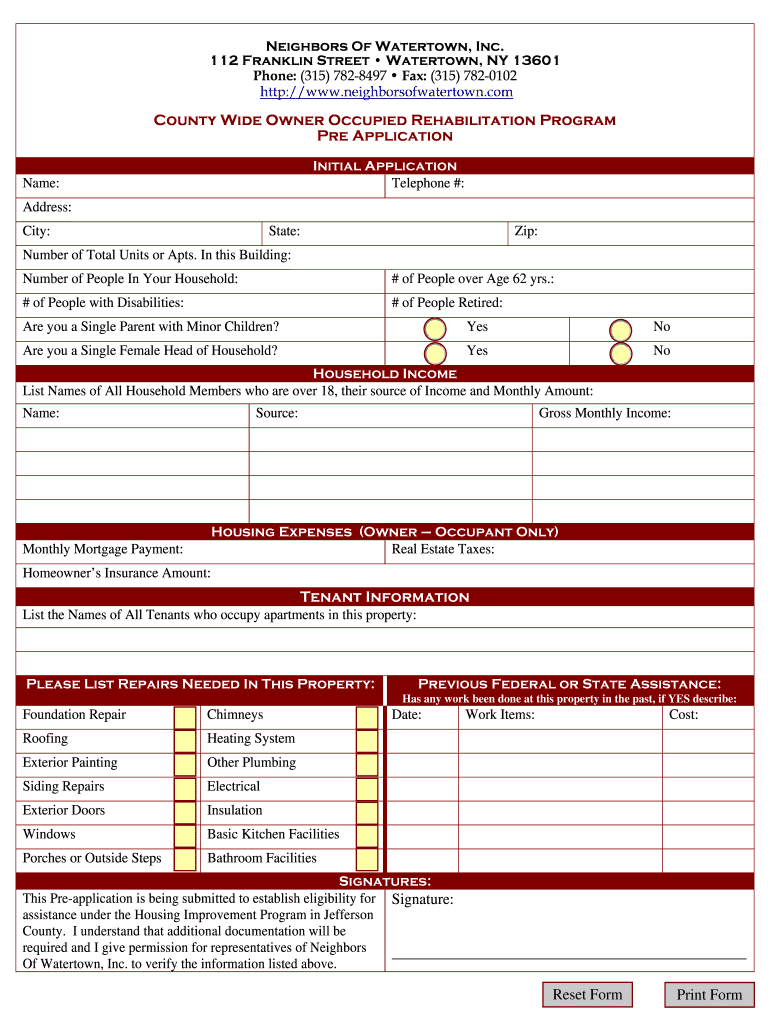 County Wide Owner Occupied Rehabilitation Program Pre Application  Form