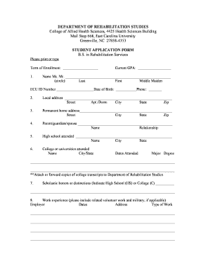 Rehabilitation Services Application East Carolina University Ecu  Form