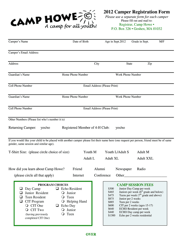 Get and Sign Camper Registration Form  Camp Howe