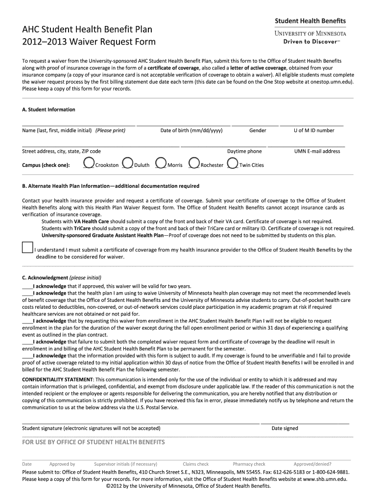 AHC SHBP Waiver Request Form Shb Umn