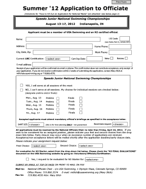 Summer &#039;12 Application to Officiate Usaswimming  Form