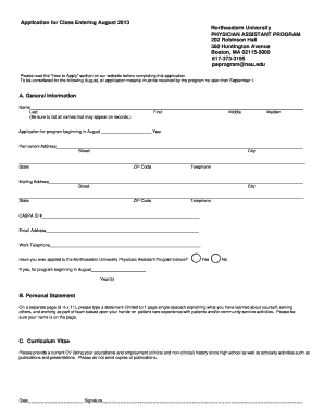 Application for Class Entering August Northeastern University Northeastern  Form