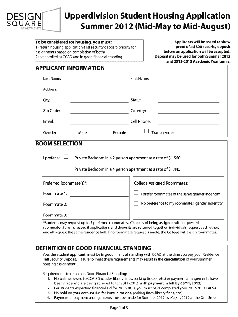 Upperdivision Student Housing Application Summer Mid May Ccad  Form