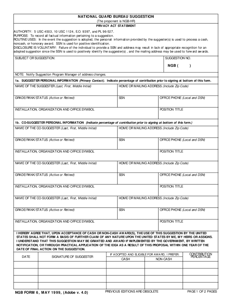 NGB 6 SUGGESTION AWARD FORM GEORGIA ARMY and AIR