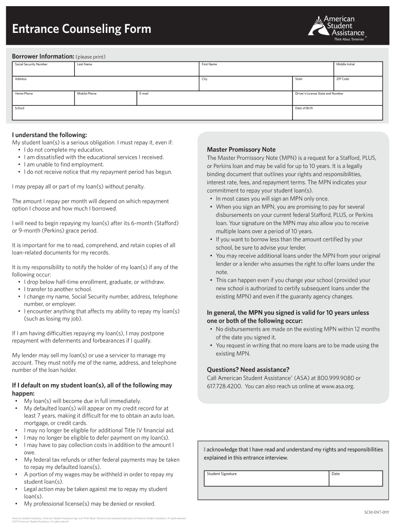 Entrance Counseling Form  Asa