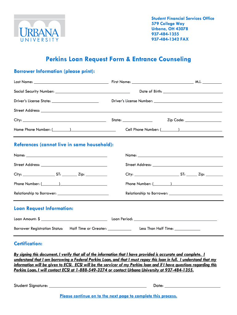 Perkins Loan Request Form & Entrance    Urbana University  Urbana