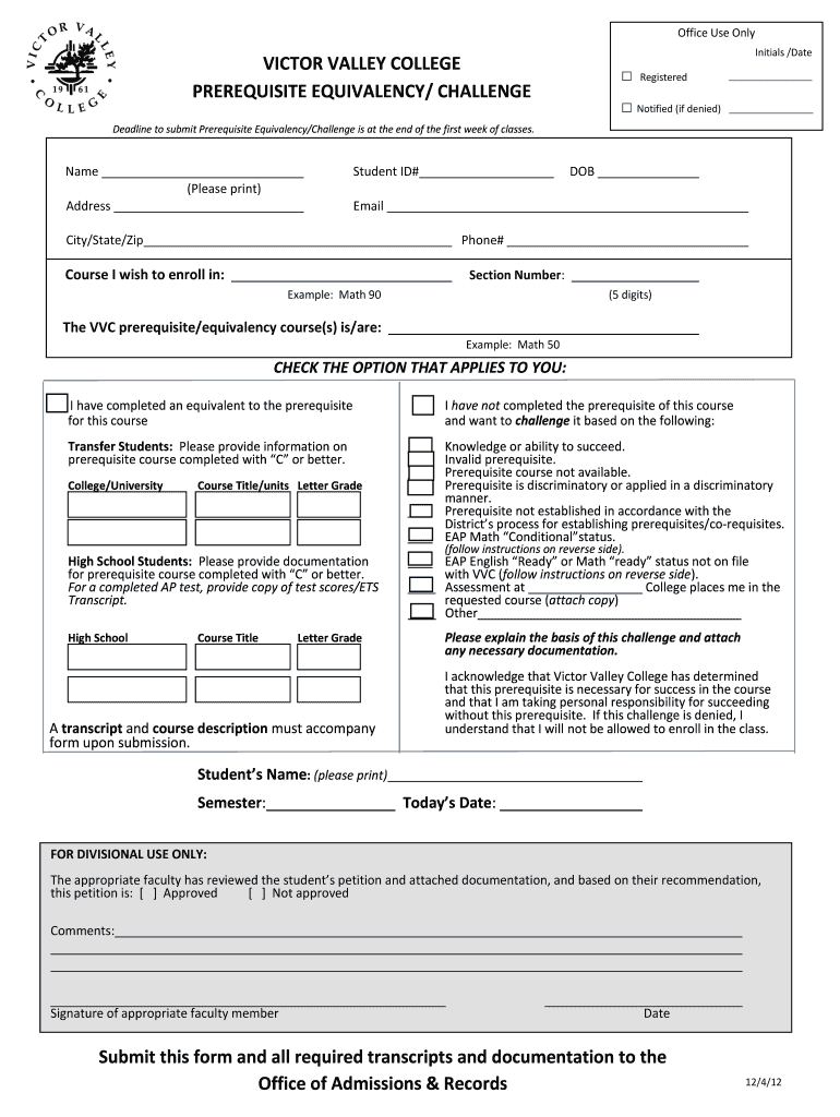  Vvc Prerequisite Challenge Form 2012