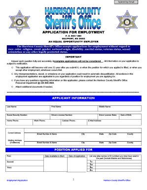 APPLICATION for EMPLOYMENT Harrison County Sheriff&#039;s Office  Form