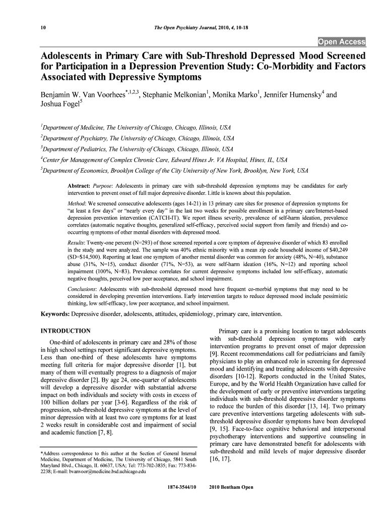 Adolescents in Primary Care with Sub Threshold Depressed Mood  Form