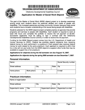 Form 24ED001E MSW 1 This is an Application for Master of Social Work Stipend Okdhs