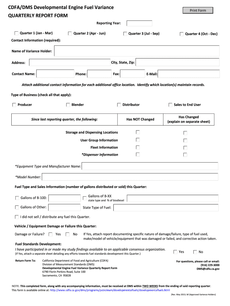 Developmental Engine Fuel Quarterly Report Form  California    Cdfa Ca