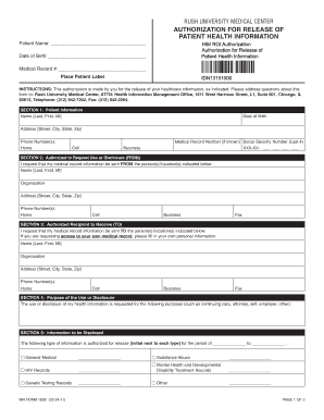 Auth Rel Pt Health Info 1928 Rush  Form