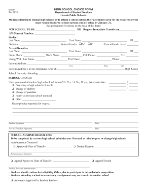  High School Choice Form Lincoln Public Schools Lps 2014