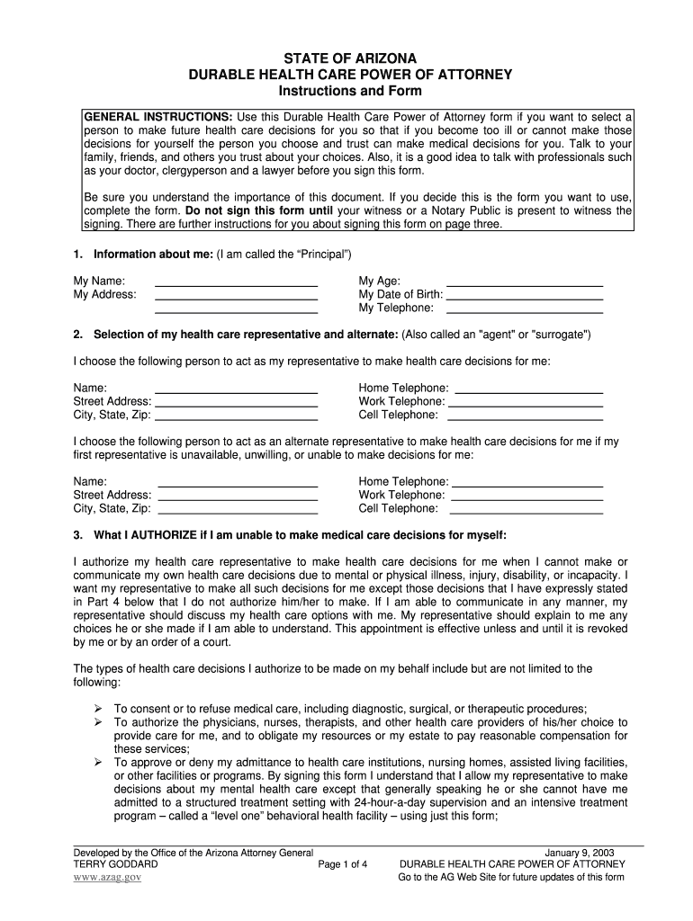 Filable Durable Healthcare Power of Attorney Arizona Form