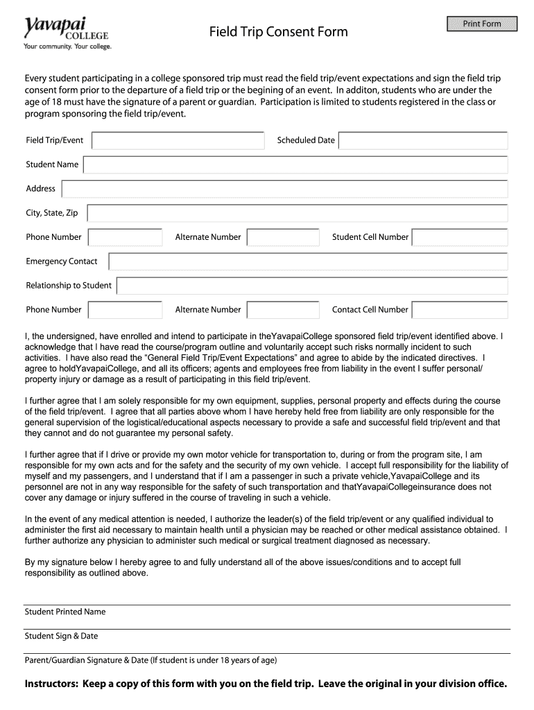 Yavapai College Fieldtrip Form