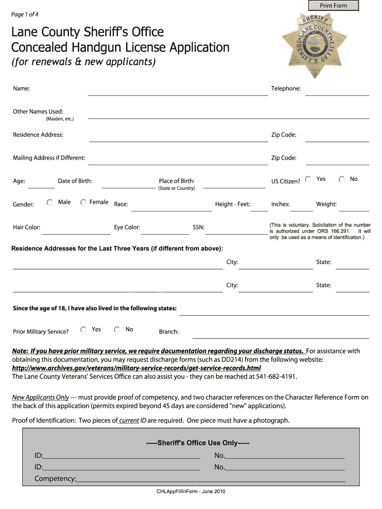 Lane County Sheriff's Office Concealed Handgun License Application  Lanecounty  Form