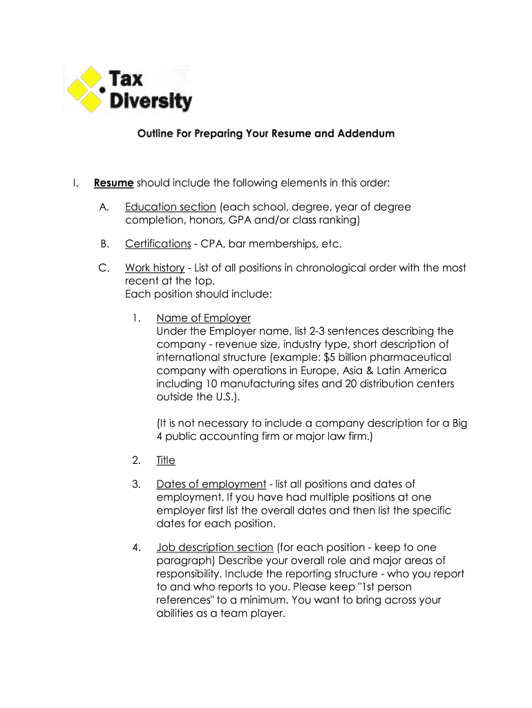 Outline for Preparing Your Resume and    TaxDiversity Com  Form