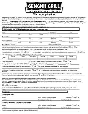 Genghis Grill Application  Form