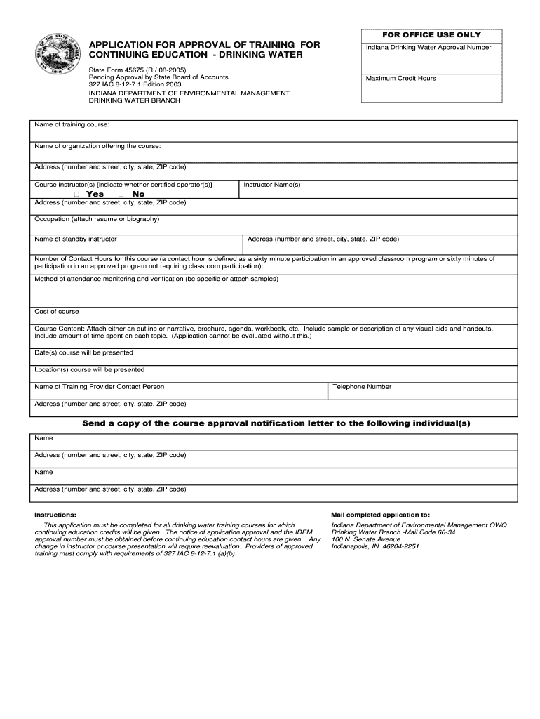 APPLICATION for APPROVAL of TRAINING for CONTINUING    Indianawea  Form