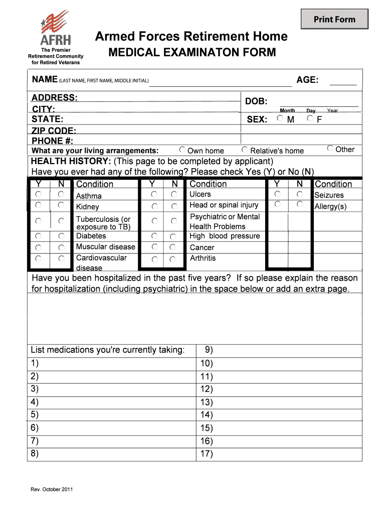 Armed Forces Retirement Home MEDICAL EXAMINATON FORM Afrh