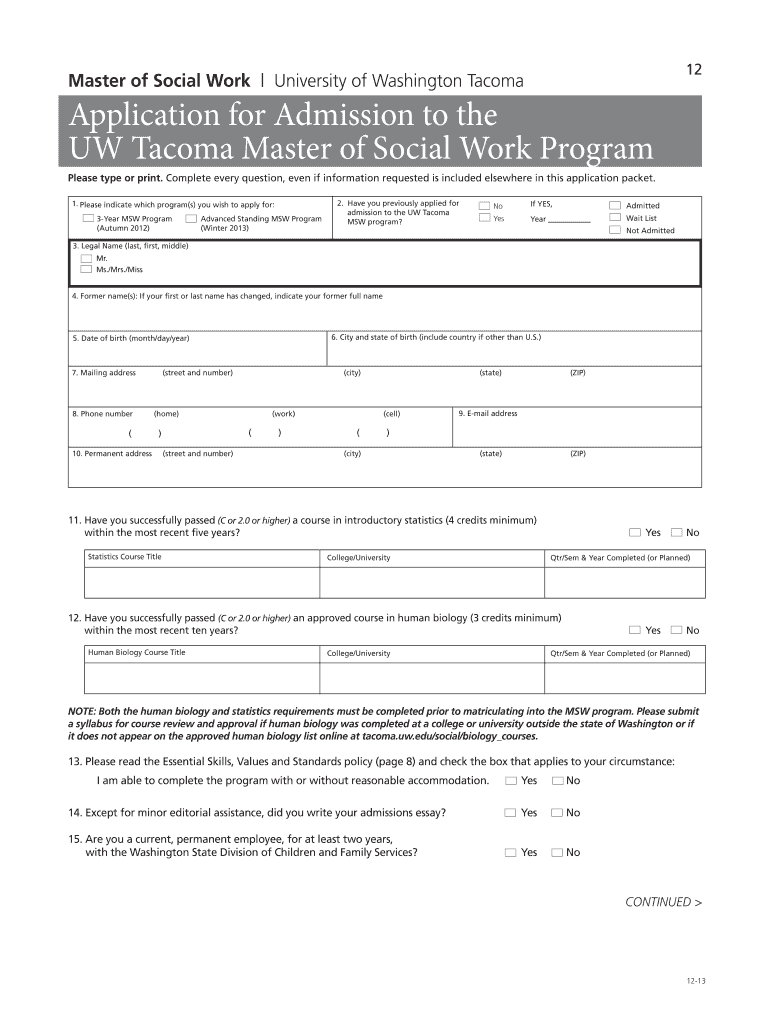 Get and Sign Master of Social Work MSW Application Kit  UW Tacoma  Tacoma Uw  Form