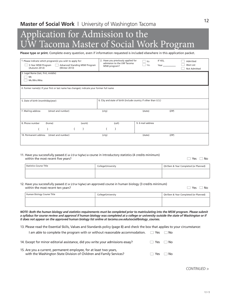 Master of Social Work MSW Application Kit  UW Tacoma  Tacoma Uw  Form