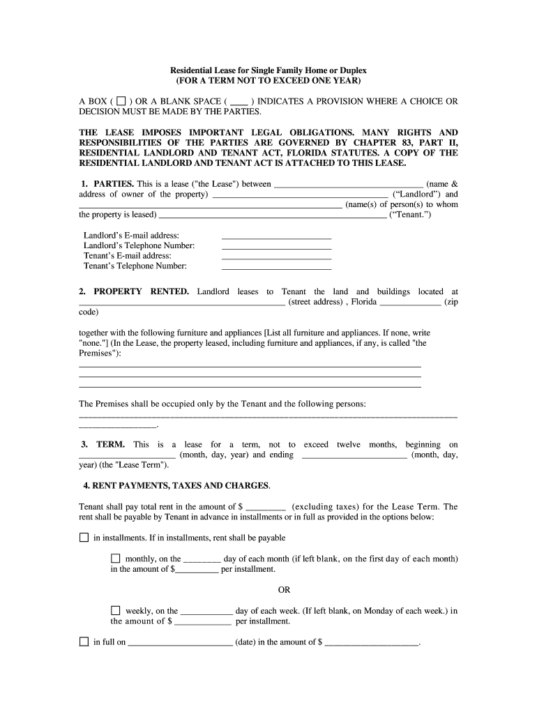 Florida Residential Lease Agreement Fillable  Form