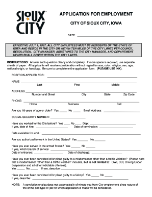 APPLICATION for EMPLOYMENT City of Sioux City Iowa Old Sioux City  Form