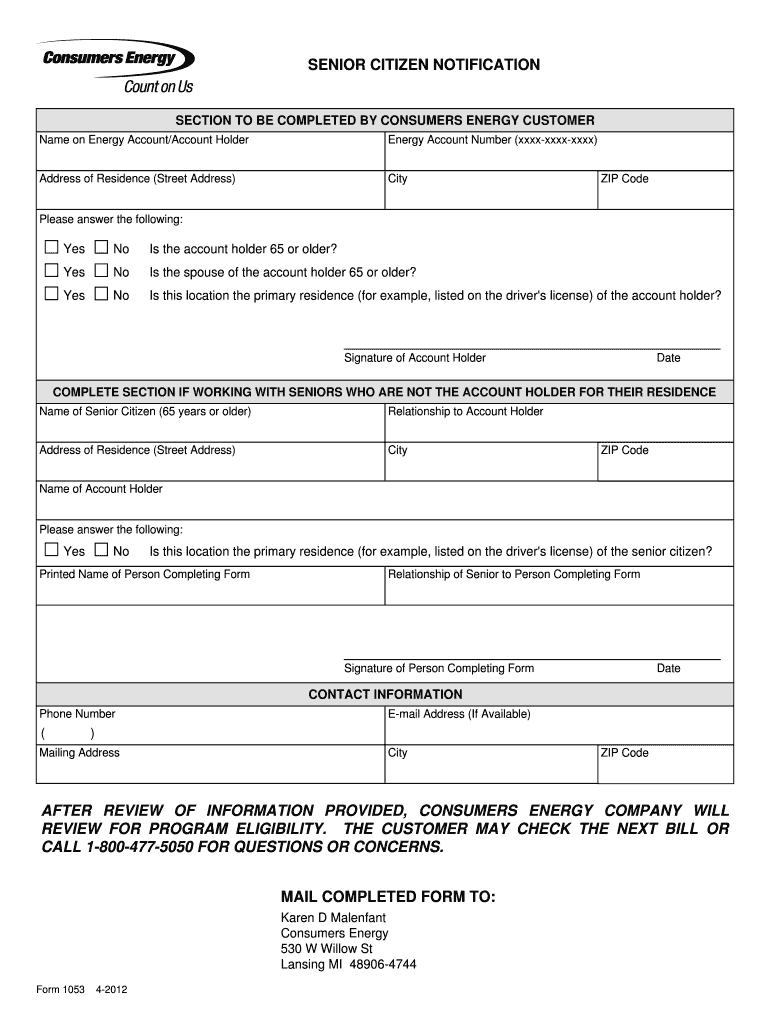 Consumers Energy Senior Notification Form