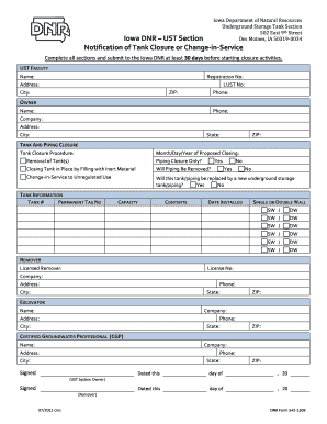 Iowa DNR UST Section Notification of Tank Closure or Change in  Form