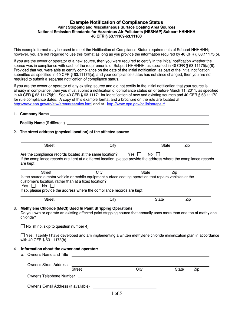 1 of 5 Example Notification of Compliance Status  Epa  Form