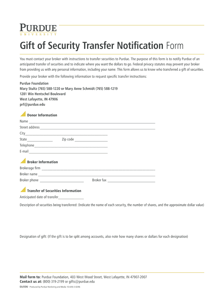 Gift of Security Transfer Notification Form Purdue