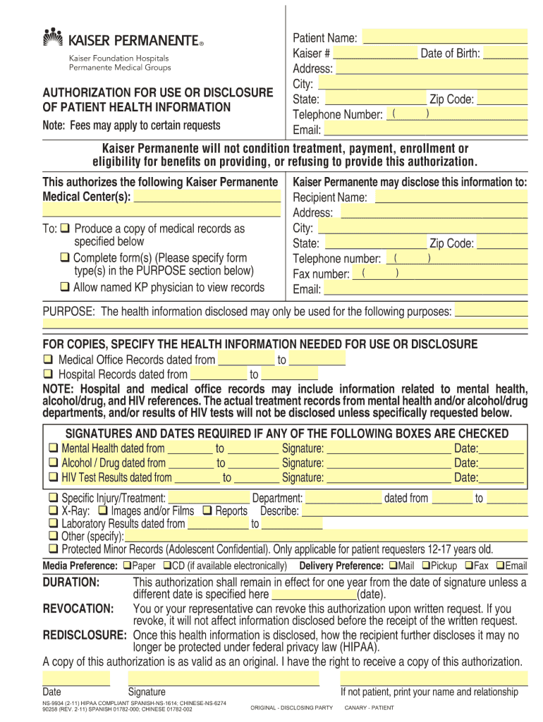  Kaiser Permanente Authorization Form 2011