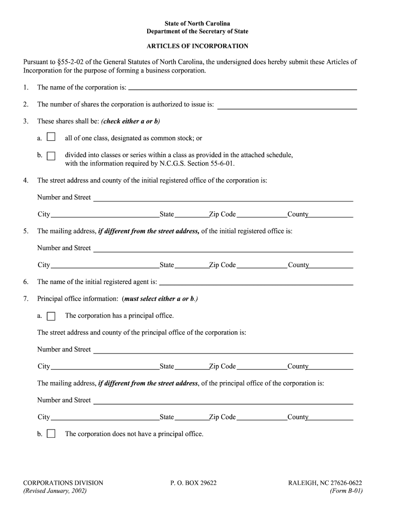  Nc Articles of Incorporation Fillable Form 2002