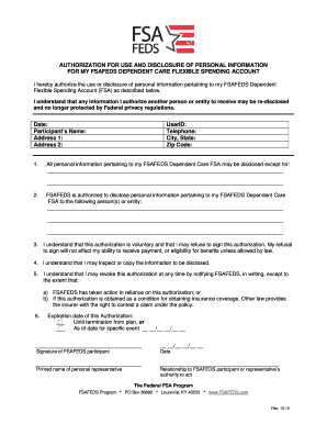 The Federal FSA Program FSAFEDS Dependent Care FSA Information Consent Form